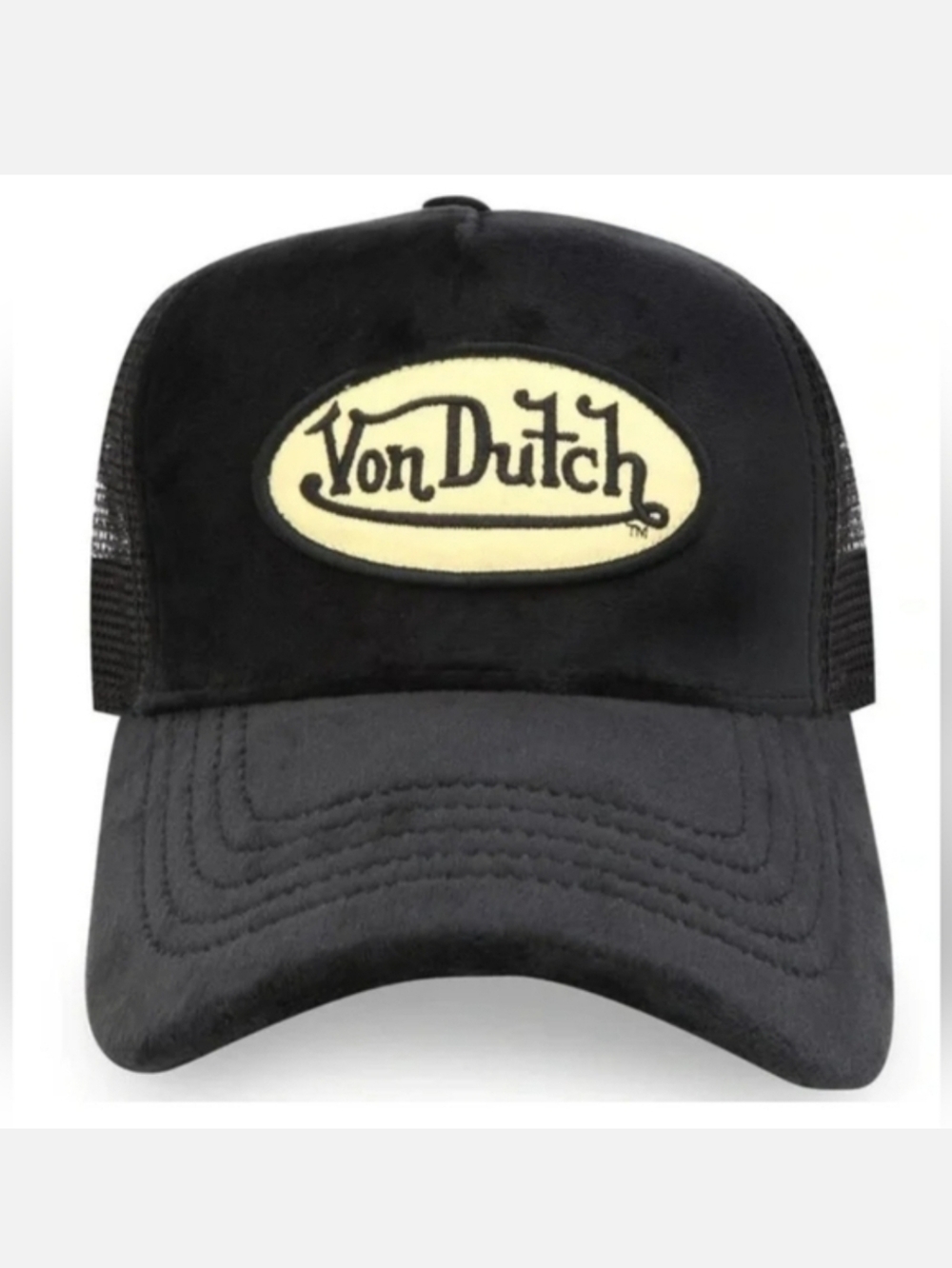 Von Dutch Black Velvet Trucker Hat with Cream Logo Patch NWT